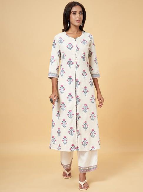 rangmanch by pantaloons off-white cotton floral print a line kurta