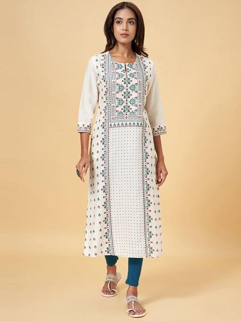 rangmanch by pantaloons cream cotton printed straight kurta