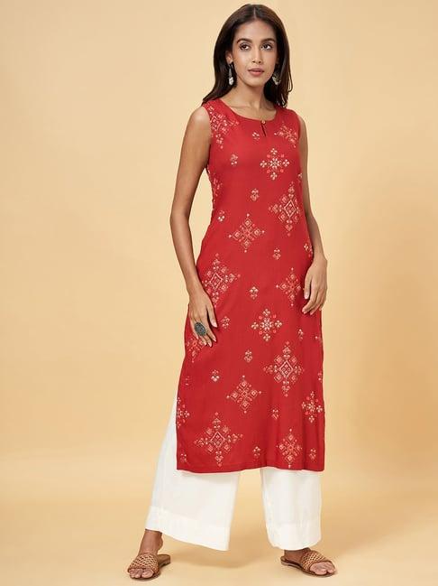 rangmanch by pantaloons rust printed straight kurta