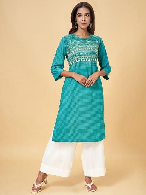 rangmanch by pantaloons turquoise printed straight kurta