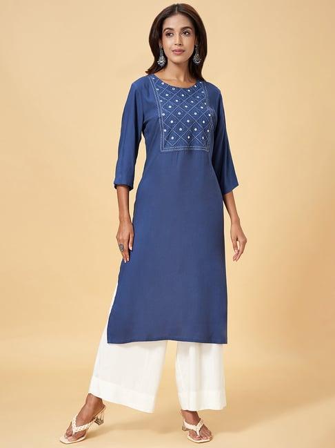 rangmanch by pantaloons blue embroidered straight kurta