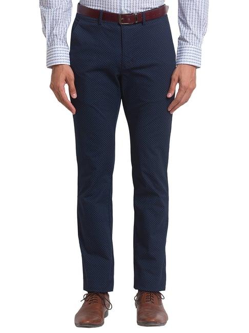 park avenue blue super slim fit printed flat front trousers