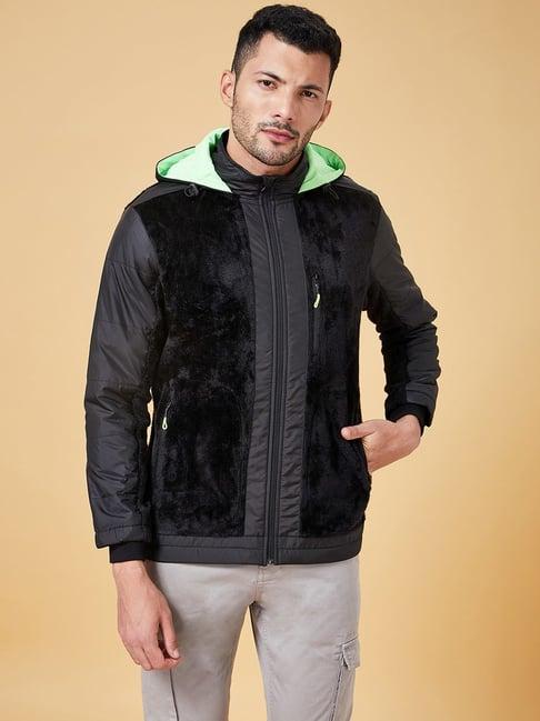 urban ranger by pantaloons black regular fit texture hooded jacket