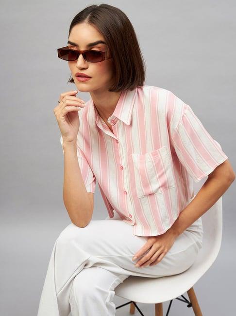 chimpaaanzee pink & white viscose striped cropped shirt