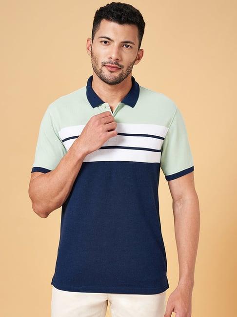 byford by pantaloons green & navy slim fit striped polo t-shirt