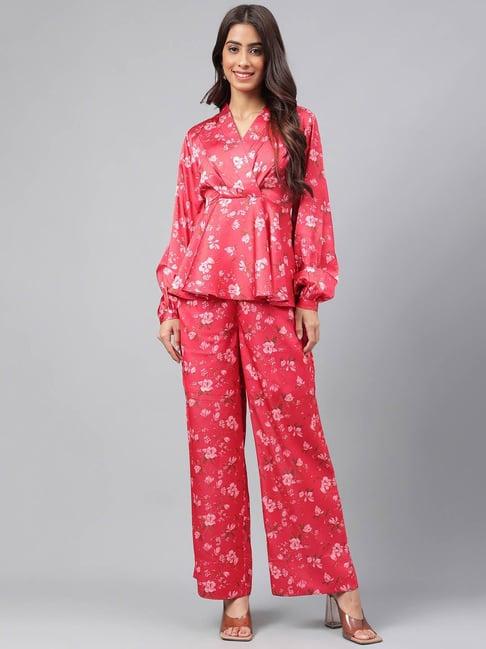 janasya red floral print top & palazzo set