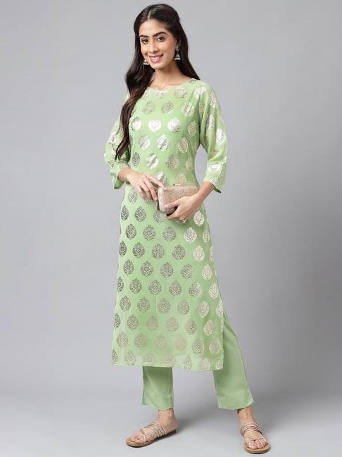 janasya light green georgette printed kurta & crop top with pant set