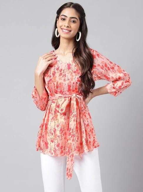 janasya peach floral print top