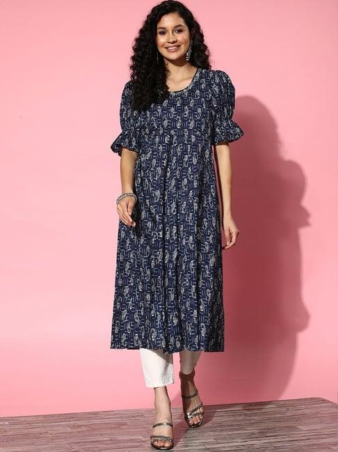 yufta blue cotton printed anarkali kurta