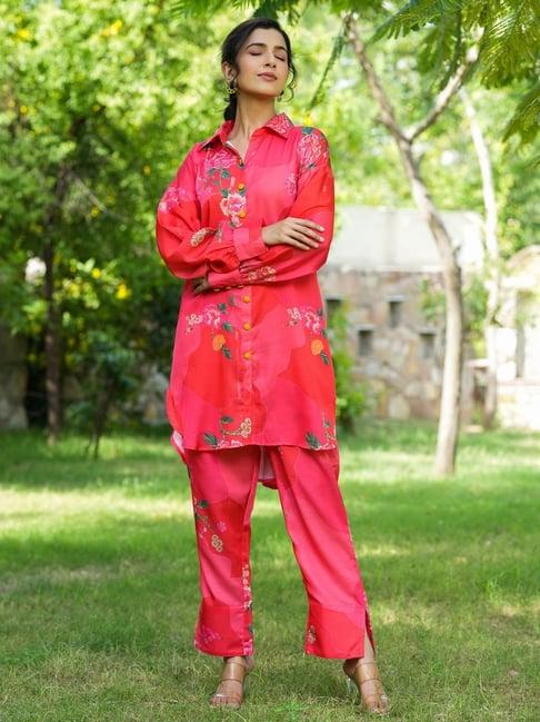 yufta pink floral print kurti pant set