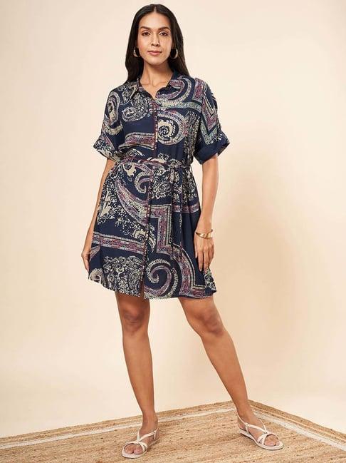 marigold lane navy printed shirt dress