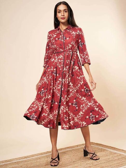 marigold lane maroon floral print a-line dress