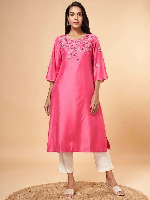 marigold lane fuchsia embroidered straight kurta