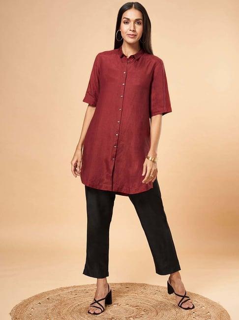 marigold lane maroon shirt collar tunic