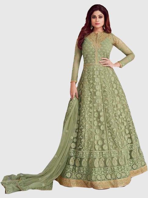 warthy ent green embroidered semi stitched dress material