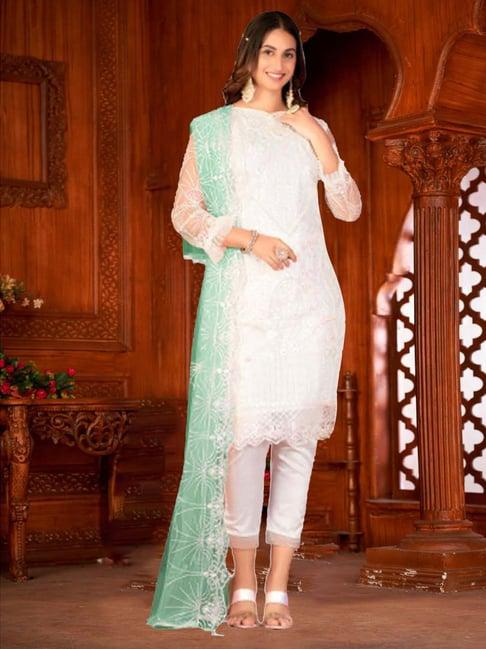 warthy ent white embroidered semi stitched dress material