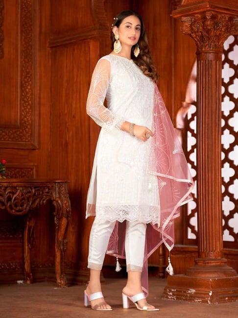 warthy ent white embroidered semi stitched dress material