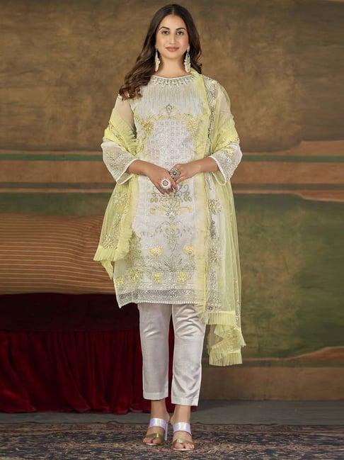 warthy ent white embroidered semi stitched dress material