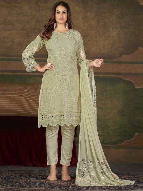 warthy ent green embroidered semi stitched dress material