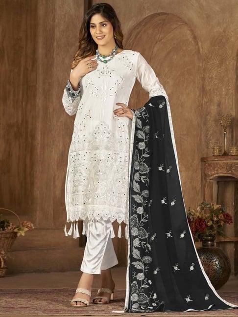 warthy ent white embroidered semi stitched dress material