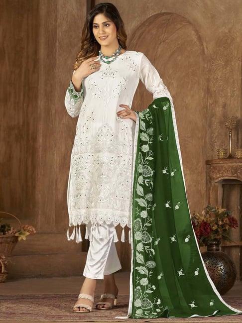 warthy ent white embroidered semi stitched dress material