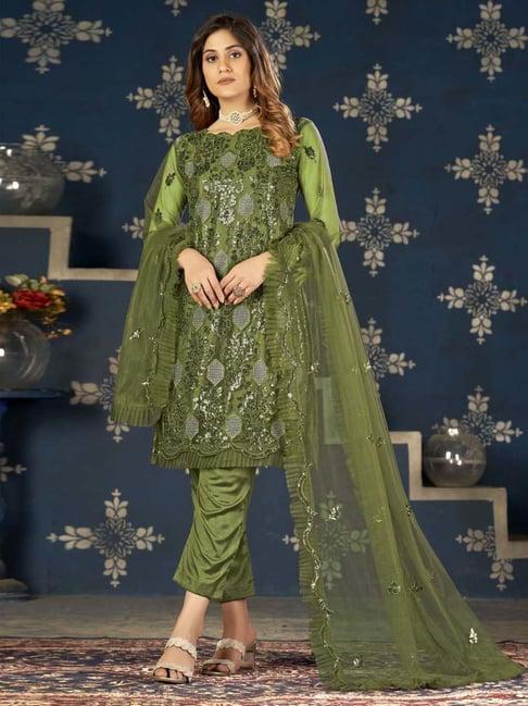 warthy ent green embroidered semi stitched dress material