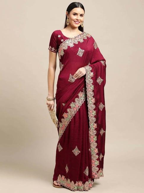 warthy ent maroon silk embroidered saree with unstitched blouse