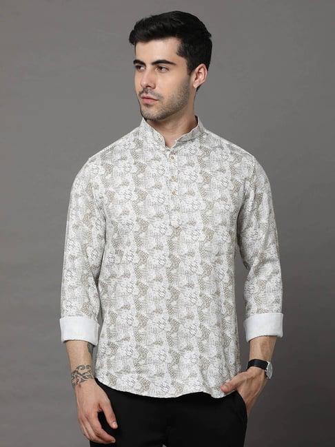 bushirt white printed cotton short kurta