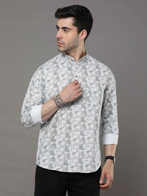 bushirt white printed cotton short kurta