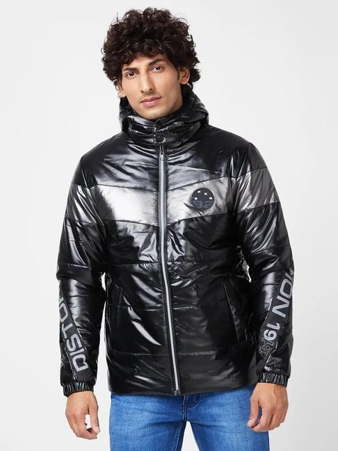 spykar jet black metallic look jacket with flash reflective print