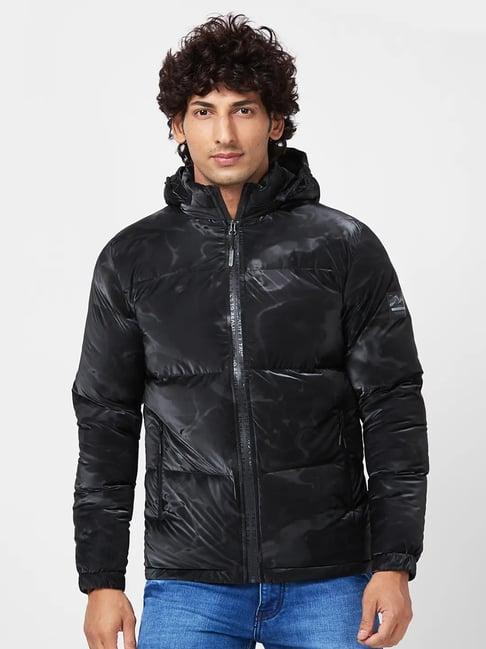 spykar jet black printed jacket with cf branded zipper