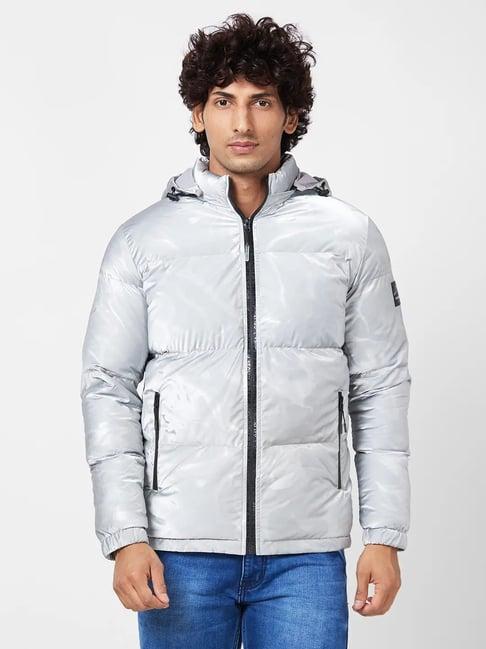 spykar silver grey printed jacket with cf branded zipper