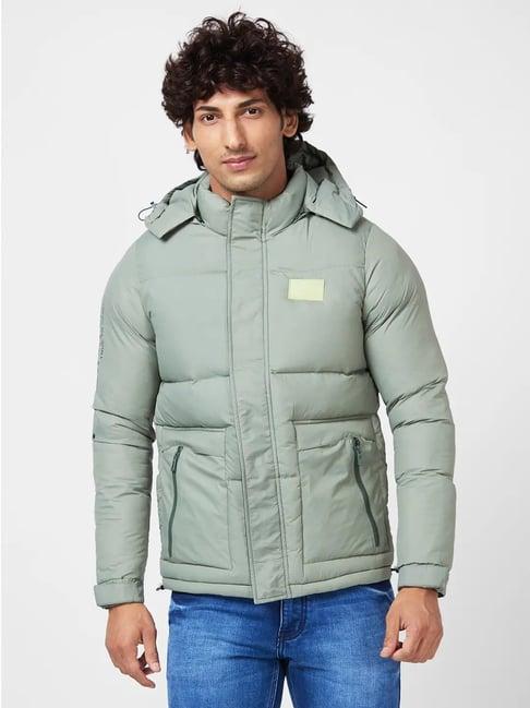 spykar dusty sage green puffer jacket with zipper patch pocket