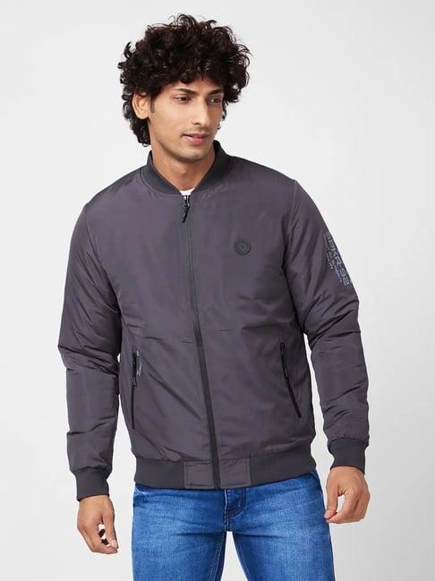 spykar charcoal grey leather look reversible jacket with chest silicon badge