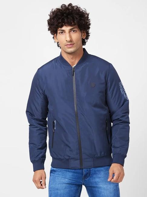 spykar navy puffer jacket with sleeve & zipper pocket printed detail