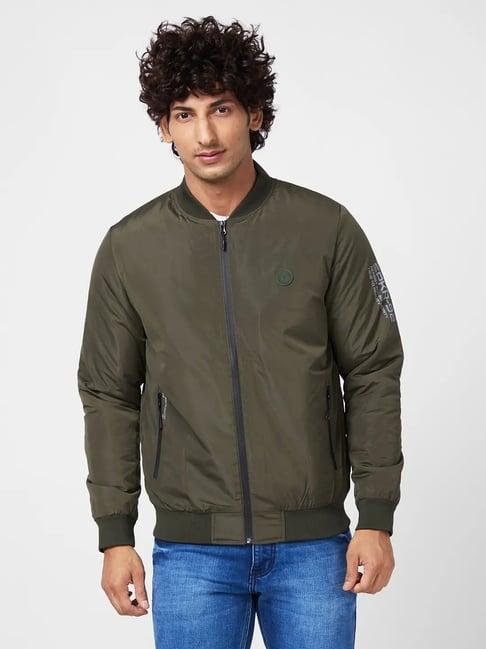 spykar olive puffer jacket with sleeve & zipper pocket printed detail