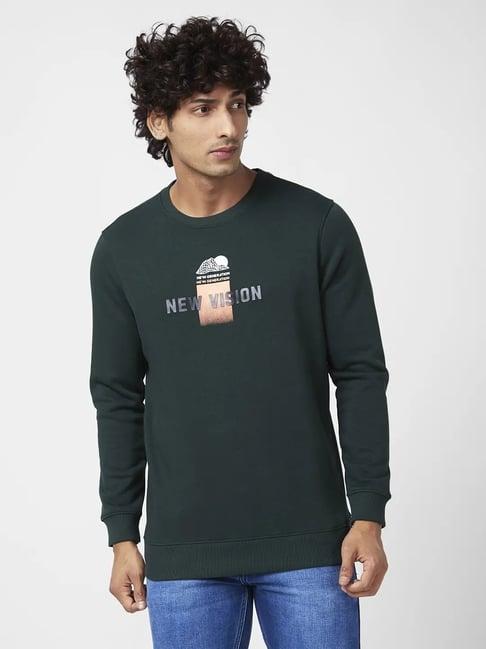 spykar bottle green slim fit printed sweatshirt