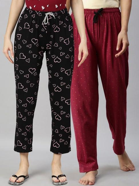 kryptic maroon & black printed pure cotton elasticated waist band regular fit pyjamas - pack of 2