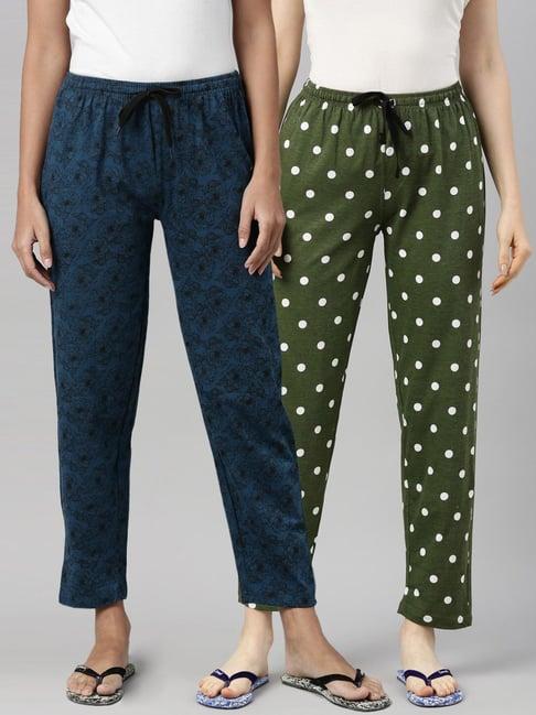 kryptic green & blue printed pure cotton elasticated waist band regular fit pyjamas - pack of 2