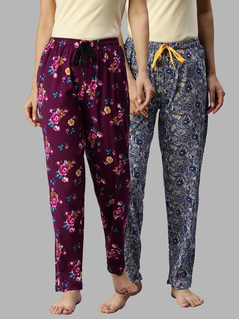 kryptic wine & blue printed lounge pants - pack of 2