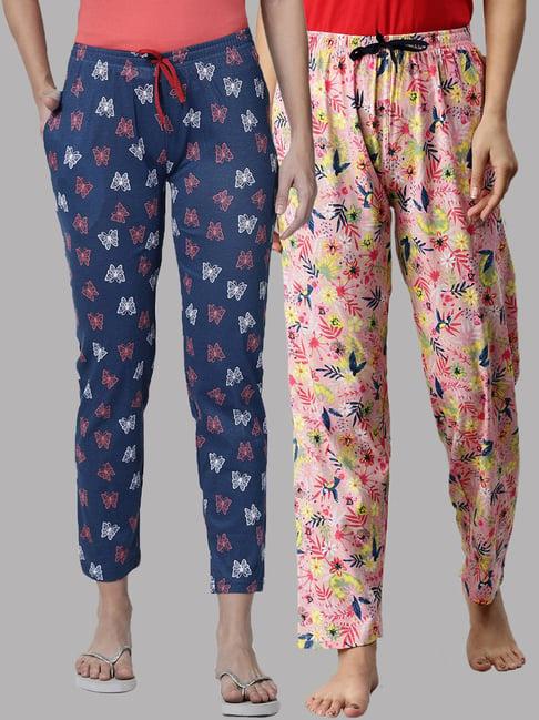 kryptic pink & blue printed pure cotton elasticated waist band regular fit pyjamas - pack of 2