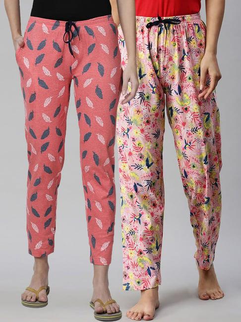 kryptic pink & coral printed pure cotton elasticated waist band regular fit pyjamas - pack of 2