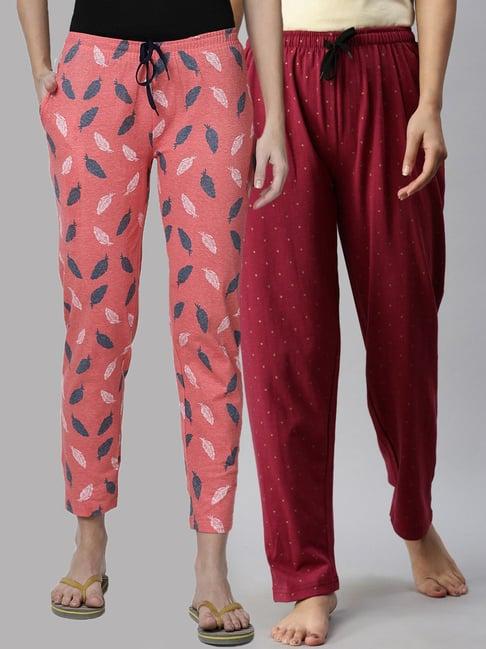 kryptic maroon & coral printed pure cotton elasticated waist band regular fit pyjamas - pack of 2