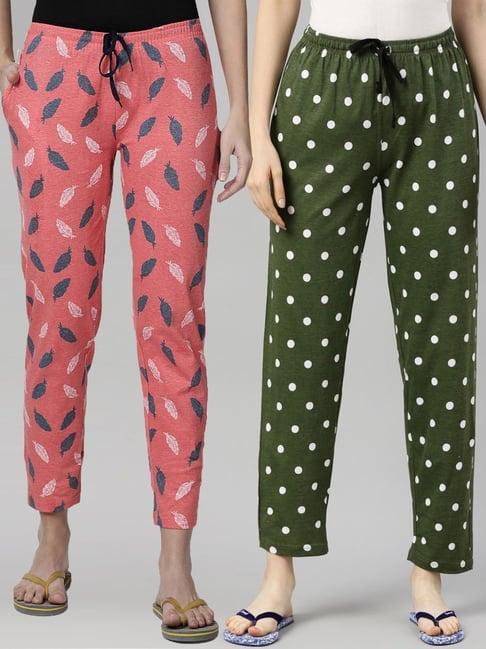 kryptic green & coral printed pure cotton elasticated waist band regular fit pyjamas - pack of 2