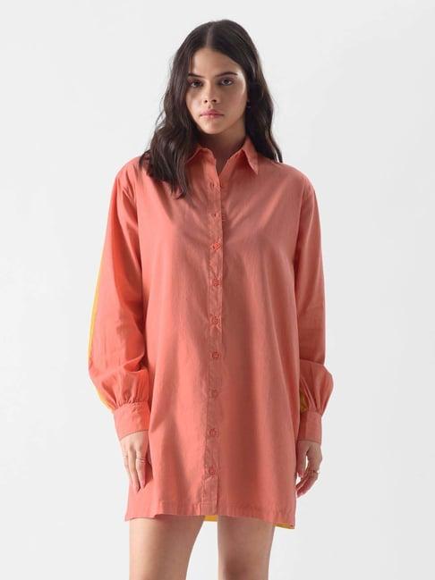 the souled store peach & yellow cotton shirt dress