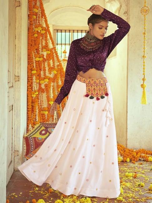 shubhkala purple & white cotton printed crop top and skirt set