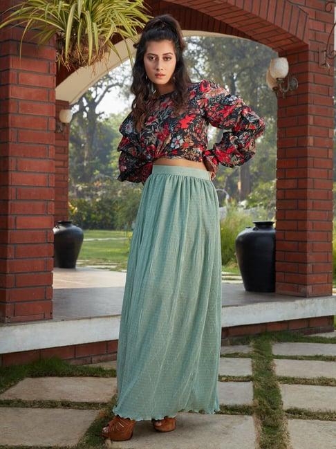 shubhkala black & green floral print crop top and skirt set