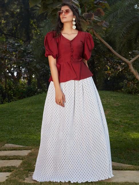 shubhkala maroon & white half sleeve crop top and skirt set