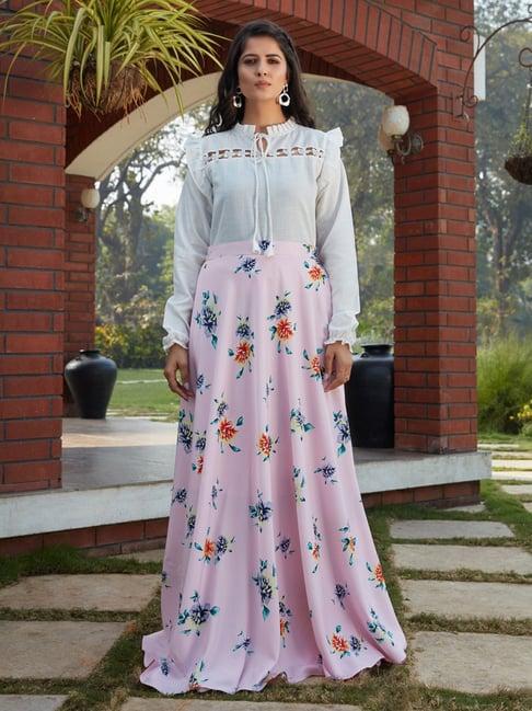 shubhkala white & pink floral print crop top and skirt set