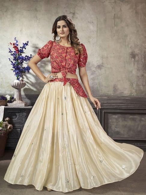 shubhkala pink & beige embellished crop top and skirt set